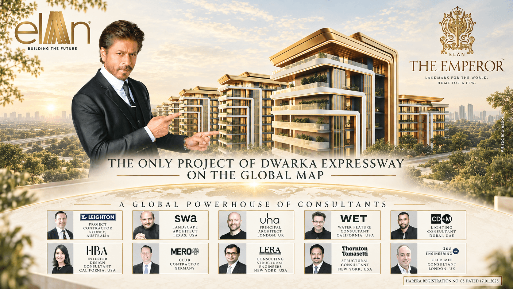 Elan The Emperor promotional artwork featuring the residences and a global team of project consultants. Artistic impression.