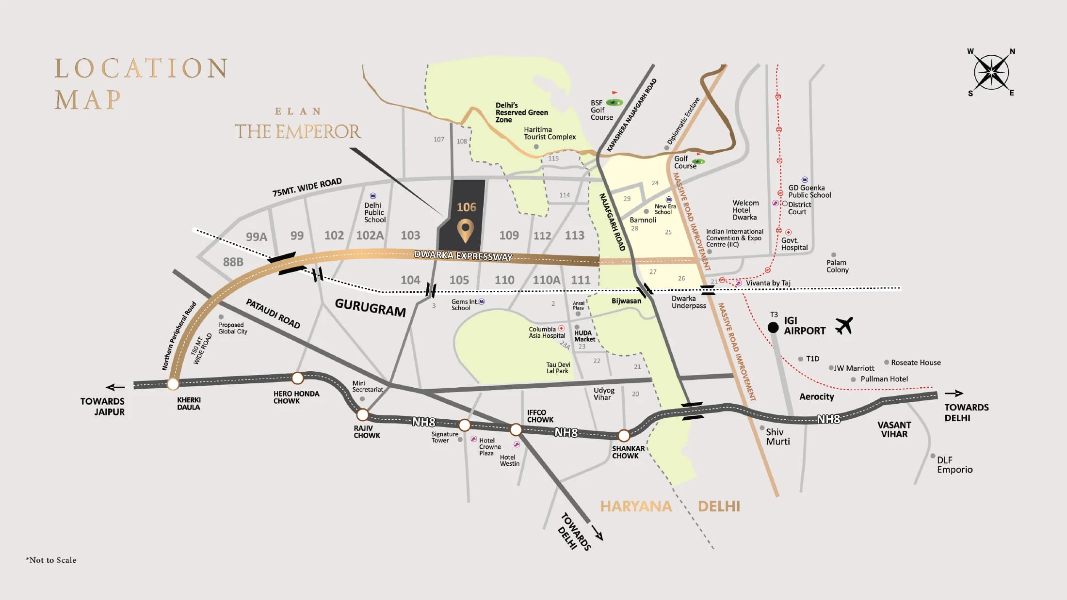 Supplied area-level location illustration of Sector 106 and Dwarka Expressway; not an exact gate pin